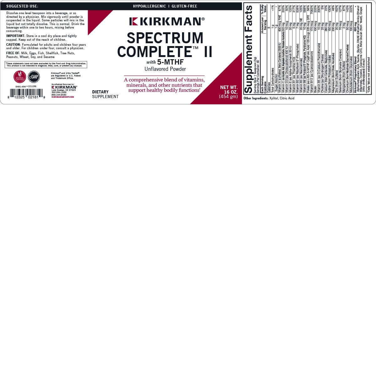 Kirkman Spectrum Complete II Powder - Hypoallergenic - 454 gm/16 oz Kirkman Au supplements