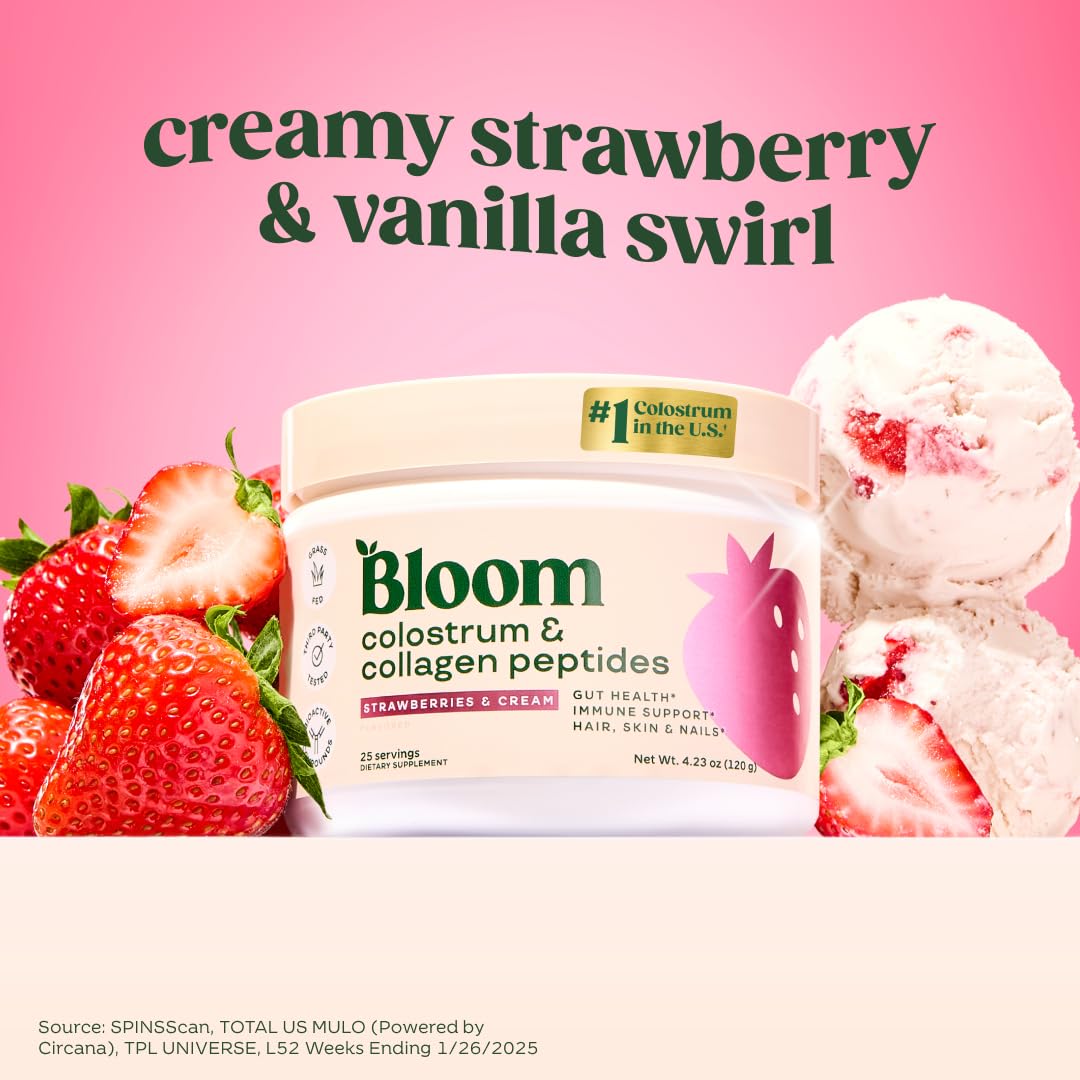 Bloom Nutrition Bovine Colostrum Powder with Vitamin B-12 for Gut Health, Immune Support, Hair Growth & Beauty Supplement | Strawberry, 25 Servings Bloom Nutrition Au supplements