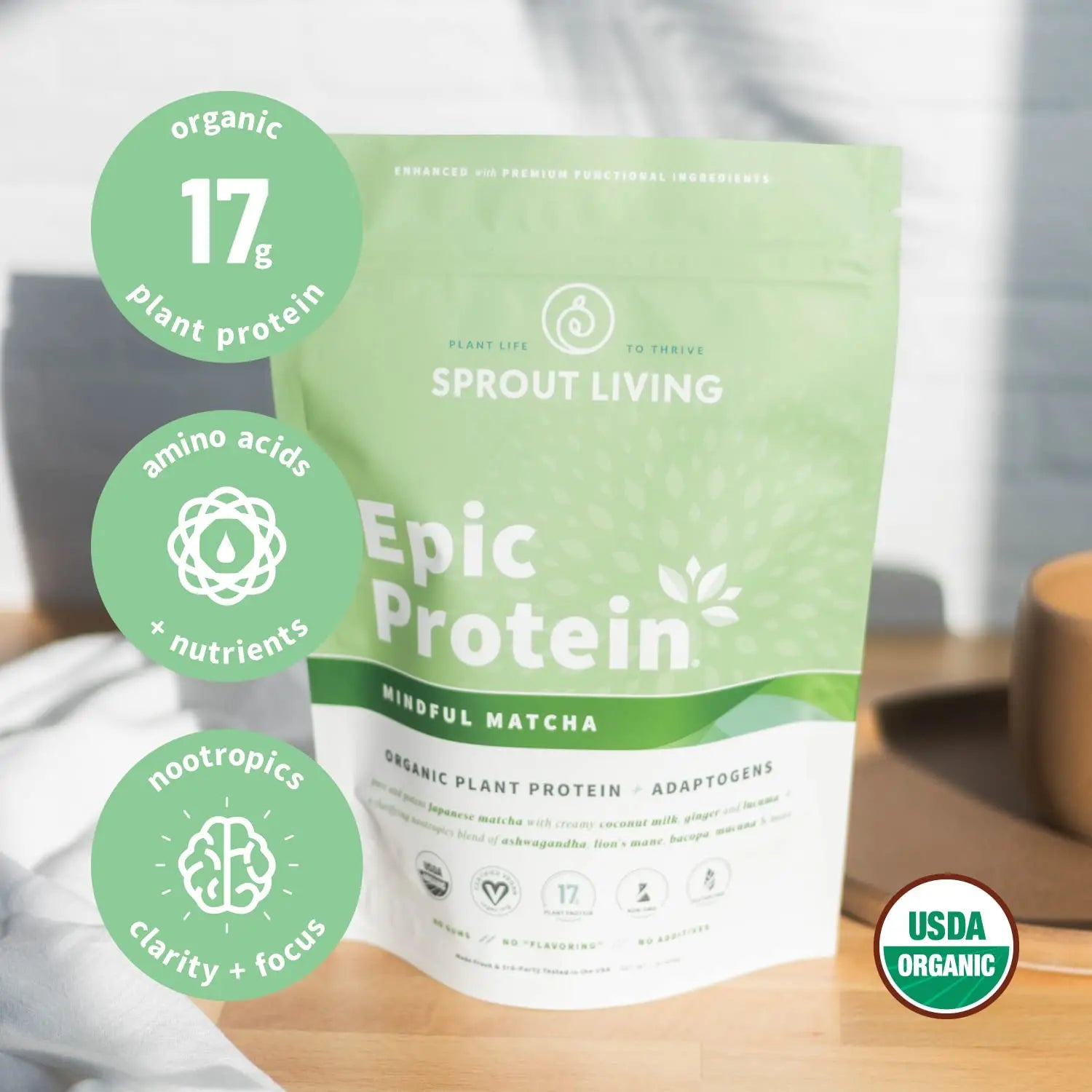 Sprout Living Epic Protein, Plant Based Protein & Superfoods Powder, Mindful Matcha Sprout Living Au supplements