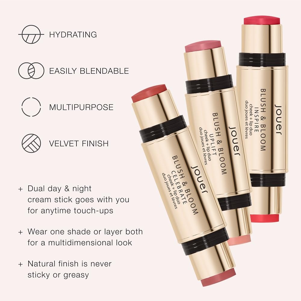 Jouer Blush & Bloom Cheek + Lip Duo - Hydrating Cream Blush Stick for Lip and Cheek Tint - Moisturizing Rose Hip and Squalane Oil Formula, Celebrate Jouer Au supplements