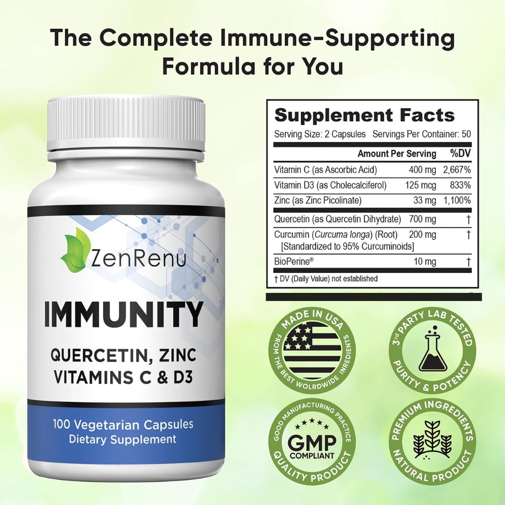 Zenrenu Immunity Quercetin 700 mg Zinc Vitamin C Vitamin D Immune Support Supplement with Curcumin - Easy to Absorb Immunity Supplement, 100 Vegetarian Capsules 50 Day Supply Zenrenu Au supplements