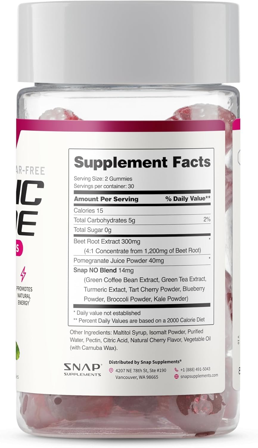 Snap Supplements Nitric Oxide Gummies - Beet Root Extract 300mg, Sugar Free Beetroot Supplement with Pomegranate Powder for Circulation & Natural Energy, 60 Vegan Gummies, Cherry Flavor Snap Supplements Au supplements