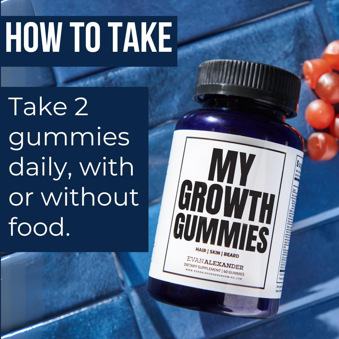 Evan Alexander Grooming My Growth Gummies | Healthy Hair & Beard Growth Support | Stronger Hair Follicles & Better Skin | Strawberry & Coconut Flavor | Vitamins C, D3, B6, B12 & Biotin | 60 Gummies Evan Alexander Fine Grooming Au supplements