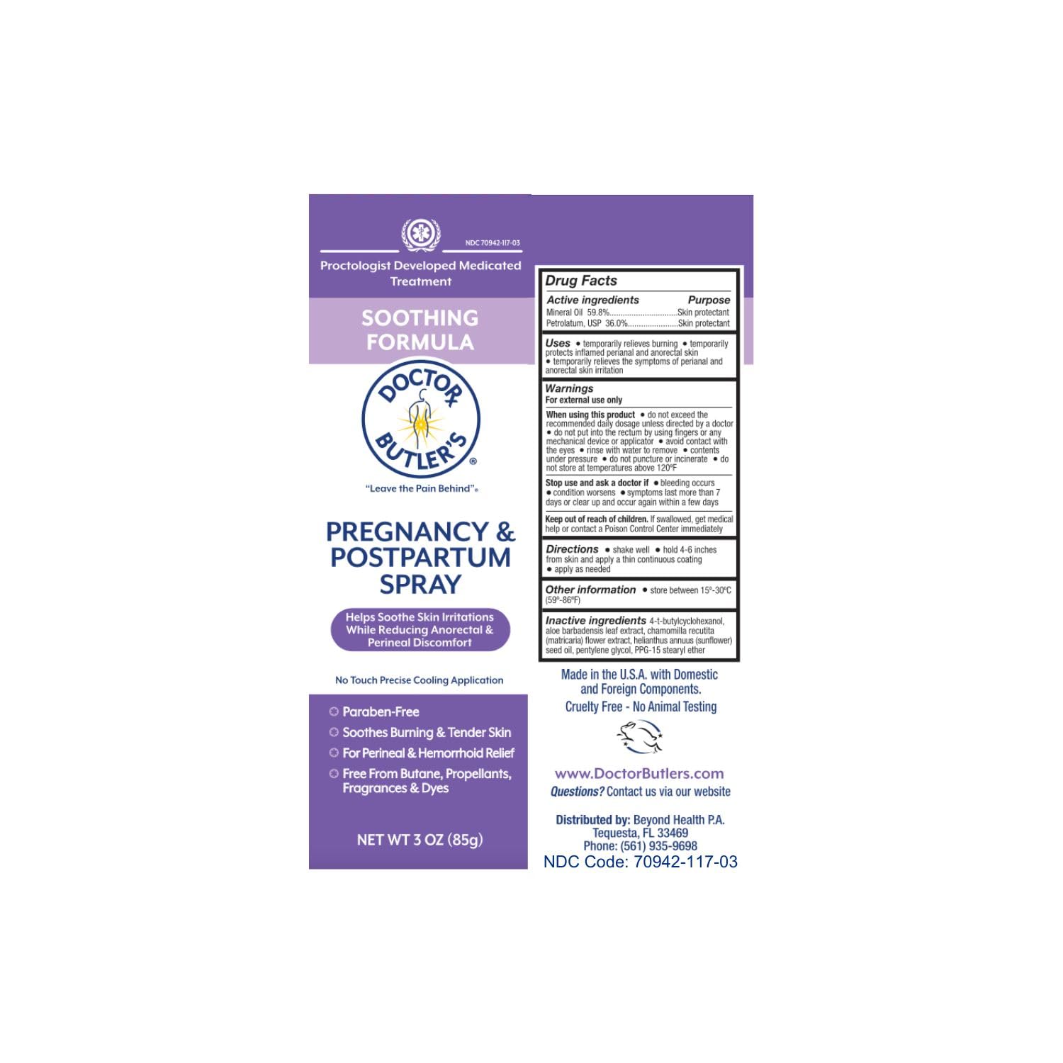 Doctor Butler's Pregnancy & Postpartum Spray - Perineal Spray and Hemorrhoid Treatment with Aloe and Chamomile, Pregnancy Support and Postpartum Essentials, Paraben Free (3oz) Doctor Butler's Au supplements