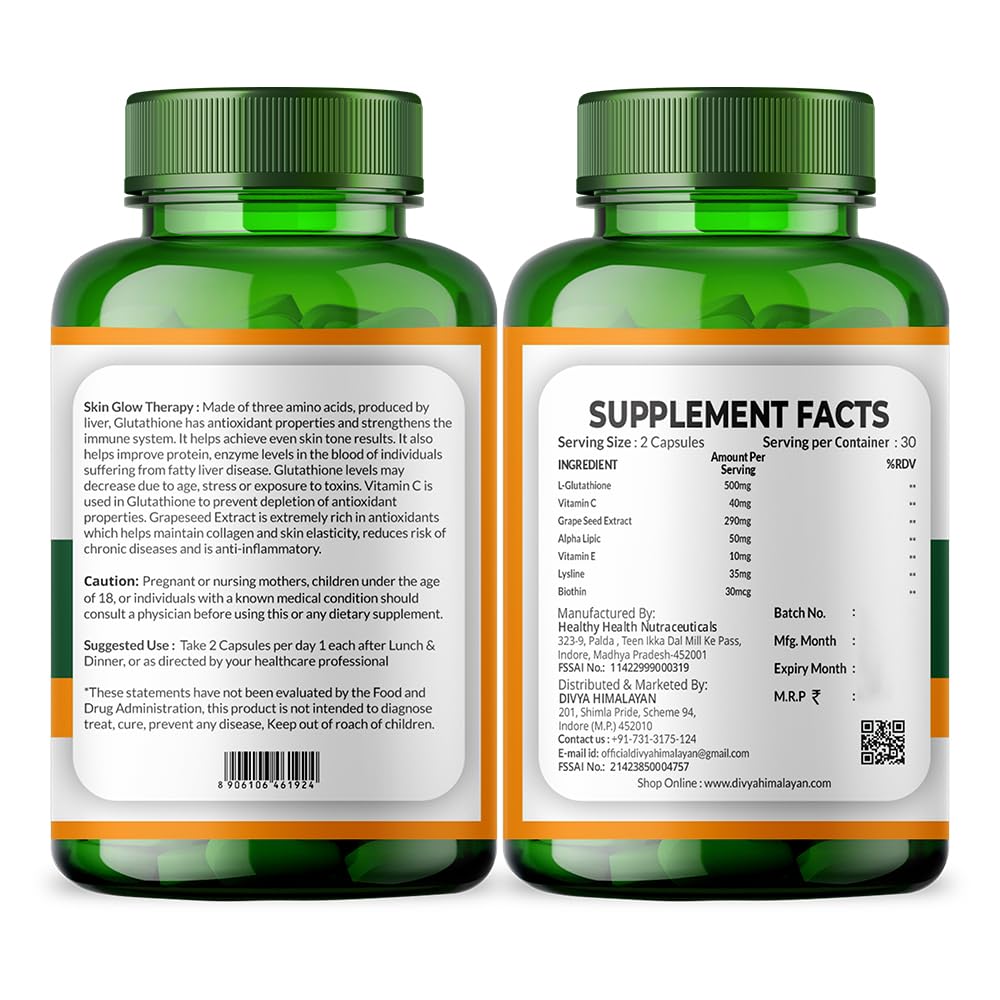 Divyhimalayan L-Glutathione 1000mg - 98% Pure Reduced Form with Vitamin C & ALA for Radiant Skin, Antioxidant & Immune Support - 60 Capsules Divya Himalayan Au supplements