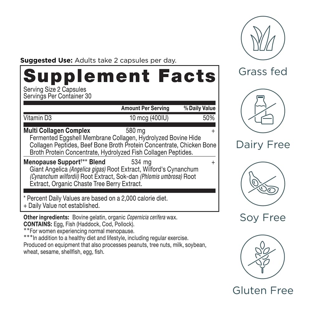 Ancient Nutrition Menopause Support + Collagen Supplement, Hydrolyzed Collagen Peptides, Key Clinically Validated Superfoods, Significant Improvement in Hot Flashes and Sleep Quality, 60 Capsules Ancient Nutrition Au supplements