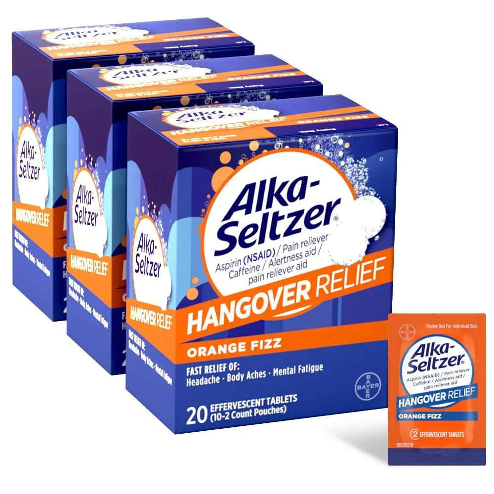 Alka-Seltzer Hangover Relief Tablets, Fast Relief Starts In About 15 Minutes for Headaches, Body Aches & Mental Fatigue, Bachelorette & Bachelor Party Packs 60 Count (3 Boxes, 20 Tablets Each) Alka-Seltzer Au supplements