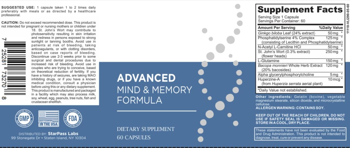 StarPass Labs Advanced Memory Formula Extreme Brain Booster, Brain Supplement for Memory, Focus and Mental Performance, Memory Vitamins for Better Brain Health 180 Capsules (3 Pack) StarPass Labs Au supplements