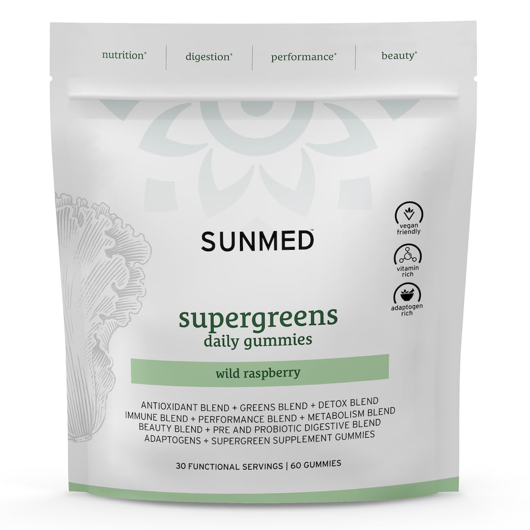SUNMED Supergreens Daily Gummies – Wellness Blend with Ashwagandha, Green Tea, Spirulina, Probiotics, Antioxidants & Detox Support for Immunity, Gut, Skin & Brain Health | Wild Raspberry, 60ct SUNMED Au supplements