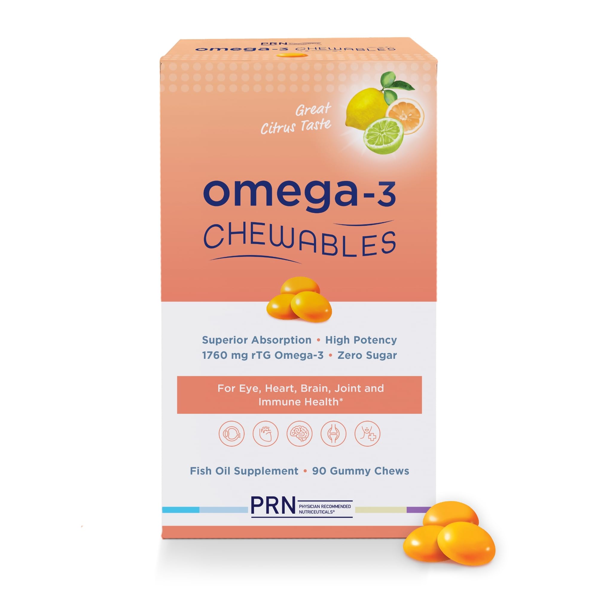 Omega 3 Gummy Chewables - 90 Gel Chews, 30-Day Supply, Citrus Flavor - 1760mg Ultra-Pure rTG Omega 3 for Eye, Heart, Brain, Joint & Immune Health PRN Physician Recommended Nutriceuticals Au supplements