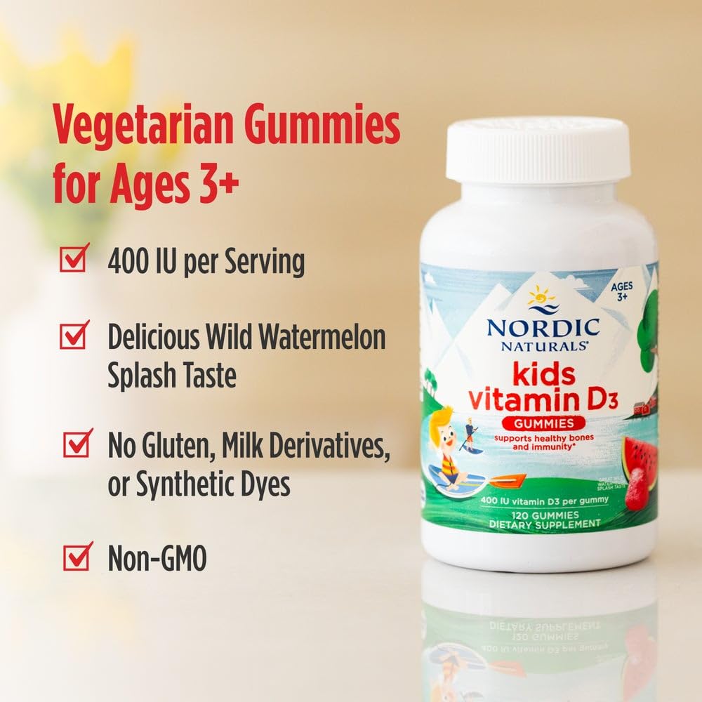 Nordic Naturals Vitamin D3 Gummies Kids, Wild Watermelon Splash - 120 Gummies - 400 IU Vitamin D3 - Bone Health, Healthy Immunity - Non-GMO, Vegetarian - 120 Servings Nordic Naturals Au supplements
