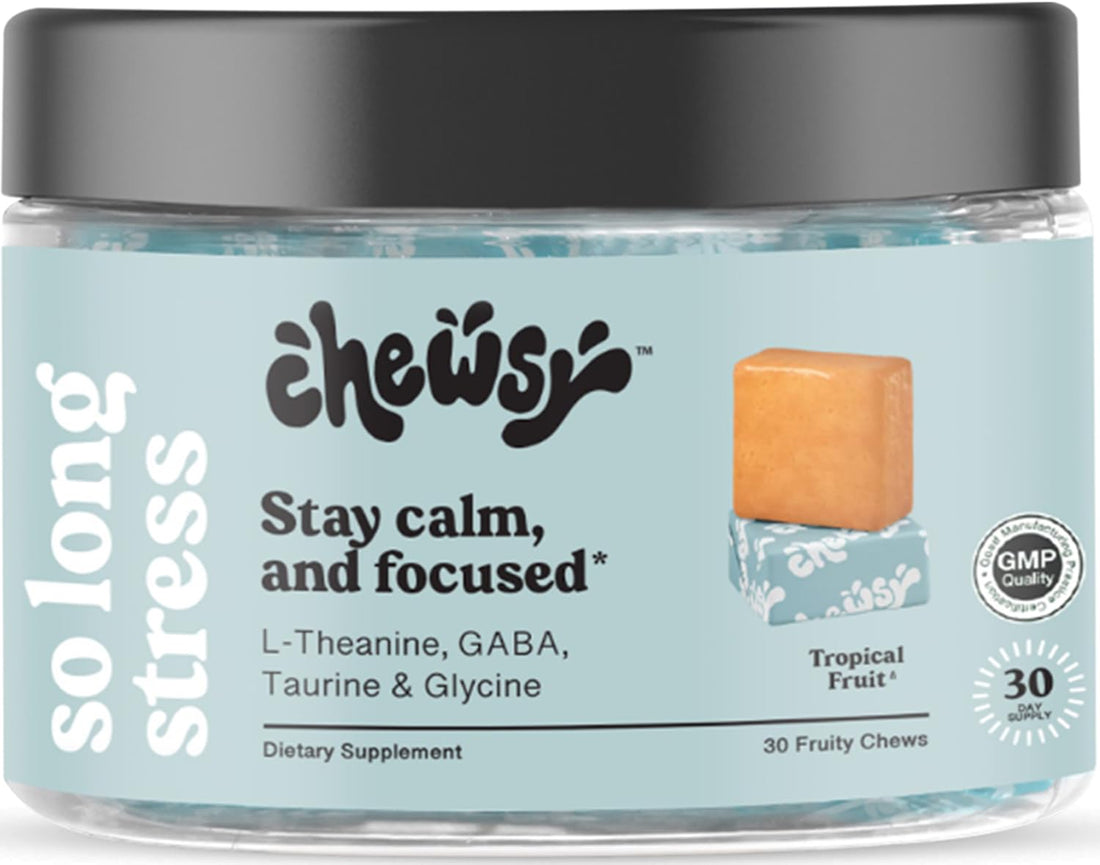 Chewsy So Long Stress, Calm Fruity Chews, Stay Calm & Focused. w/L-theanine, Amino Acid, GABA, Glycine, Tyrosine, Taurine & Magnesium. Non-GMO and Gluten-Free. Tropical Fruity Chews, 30-Day Supply CHEWSY Au supplements