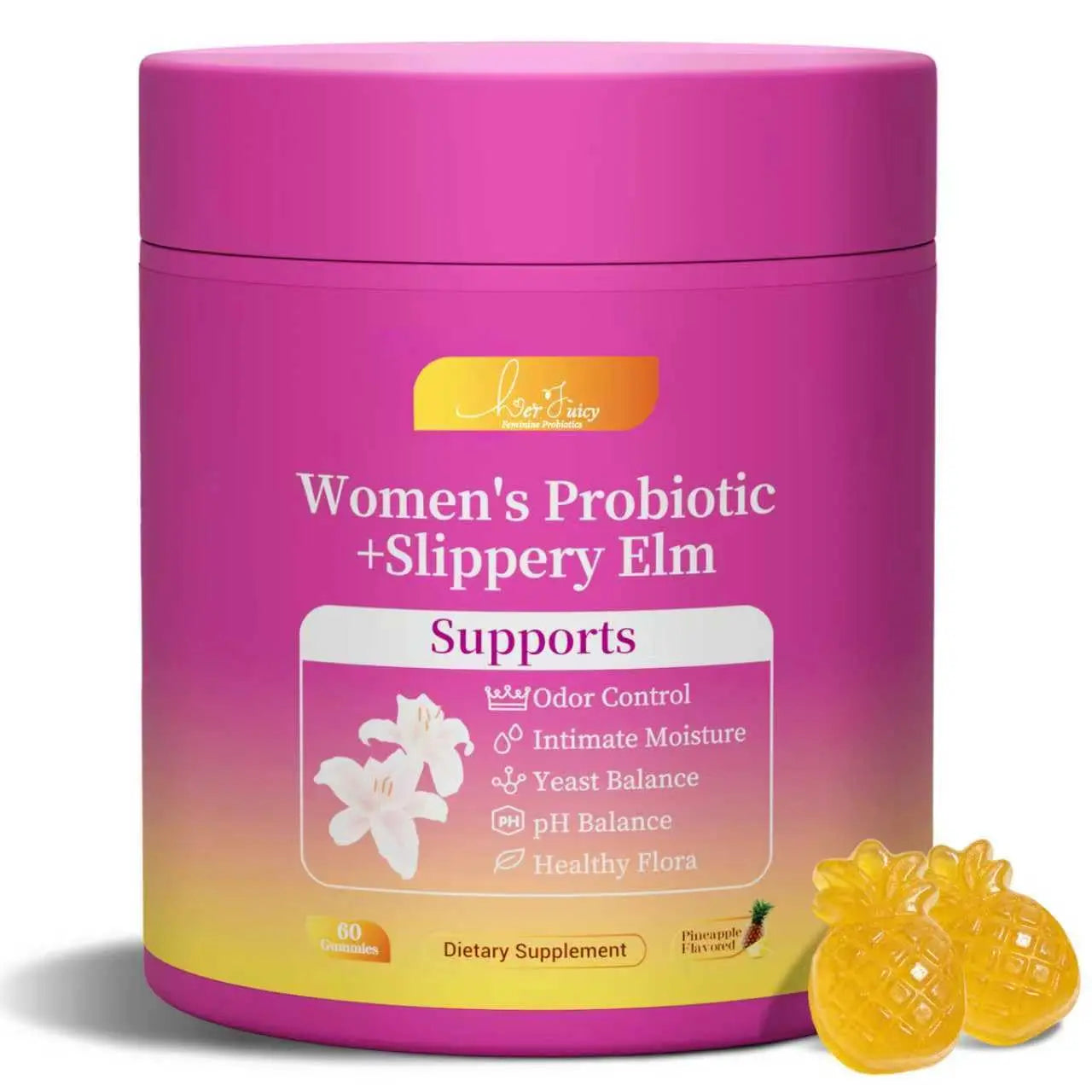 Brurtzexs Her Juicy Feminine Probiotics Gummies for Women with Slippery Elm - Pineapple Flavor, pH Balance & Immune Health Support - Digestive & Feminine Support - Vegan Supplement, 60 C Brurtzexs Au supplements