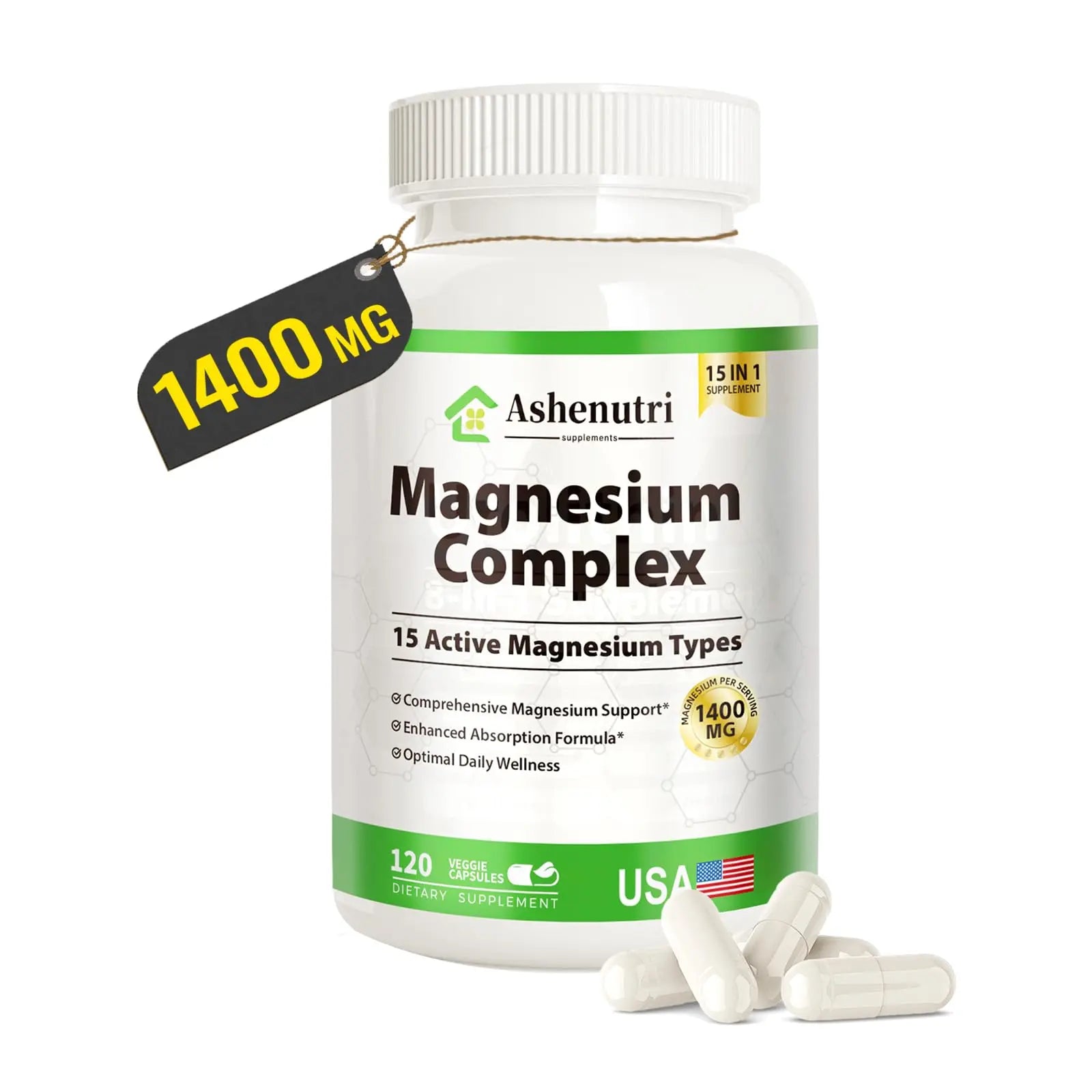 Magnesium Complex with 15 Types Magnesium Glycinate Citrate Malate Taurate Oxide Carbonate Chloride Orotate Magnesio Muscle, Heart, Relaxation & Nerves 120 Vegan Capsules, 60-Day Supply Ashenutri Au supplements