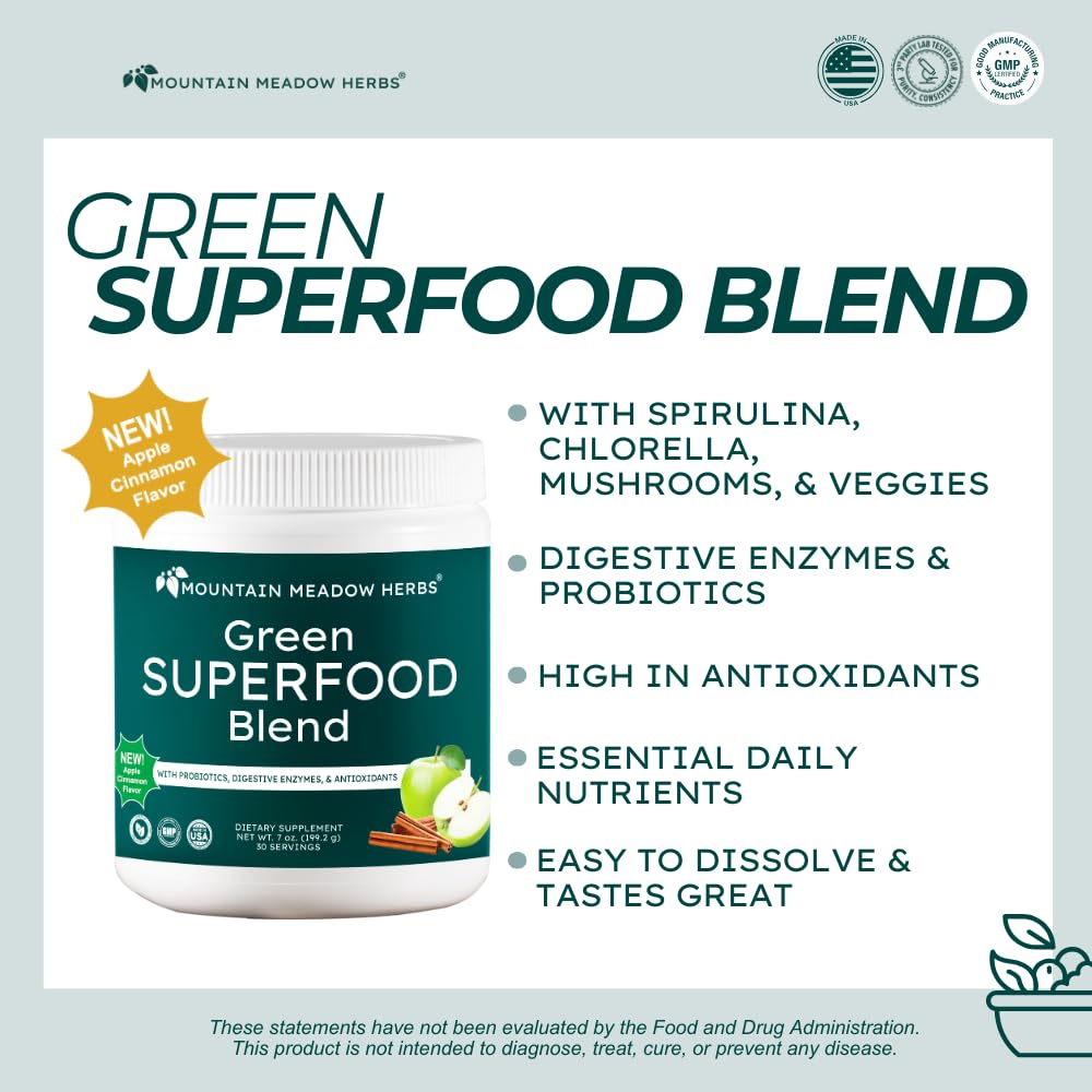 Mountain Meadow Herbs Green Superfood Blend – Spirulina, Chlorella, Mushrooms, Probiotics, Digestive Enzymes, Antioxidants – Organic Greens Powder for Energy & Gut Health – 30 Servings Mountain Meadow Herbs Au supplements