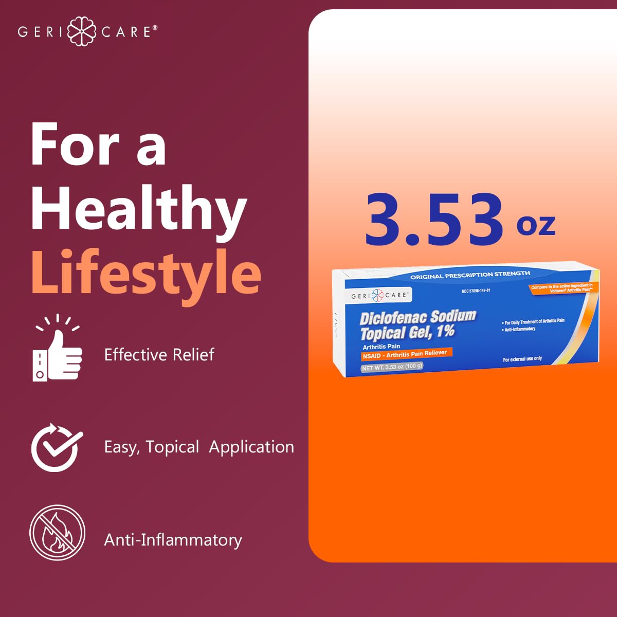 GeriCare Topical Arthritis Pain Relief Gel Diclofenac Sodium 1% (NSAID) Hand Wrist Elbow Foot Ankle Knee Extra-Strength Pain Reliever- Anti-inflammatory Arthritis Pain Treatment, 3.53oz (3 Pack) GeriCare Au supplements