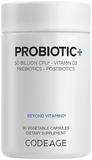 Codeage Probiotic+ 50 Billion CFU** Supplement - 12-Strain Probiotic Blend, Organic Prebiotic Fiber, Postbiotics, Vitamin D3, Zinc Bisglycinate, Quercetin - for Men & Women - Non-GMO - 30 Capsules Codeage Au supplements