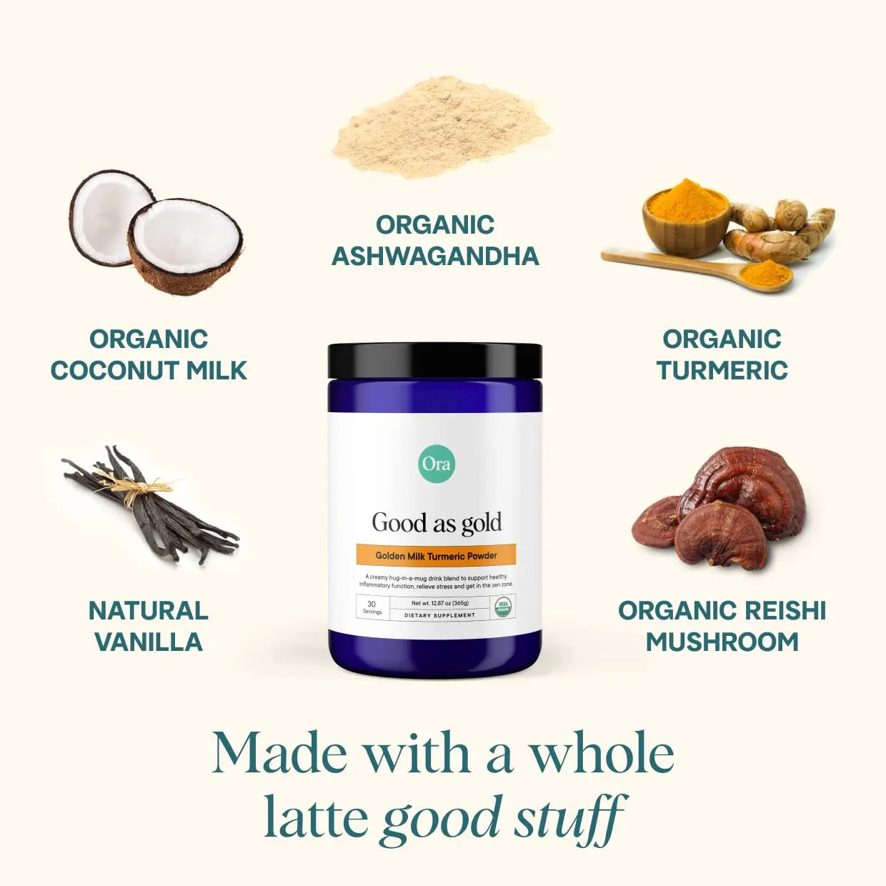 Ora Organic Golden Milk Powder - Ayurvedic Turmeric Powder with Organic Adaptogens - Ashwagandha, Reishi and Ginger | Organic, Gluten-Free, Soy-Free, Vegan, Non-GMO - Maple & Vanilla, 30 Servings Ora Organic Au supplements