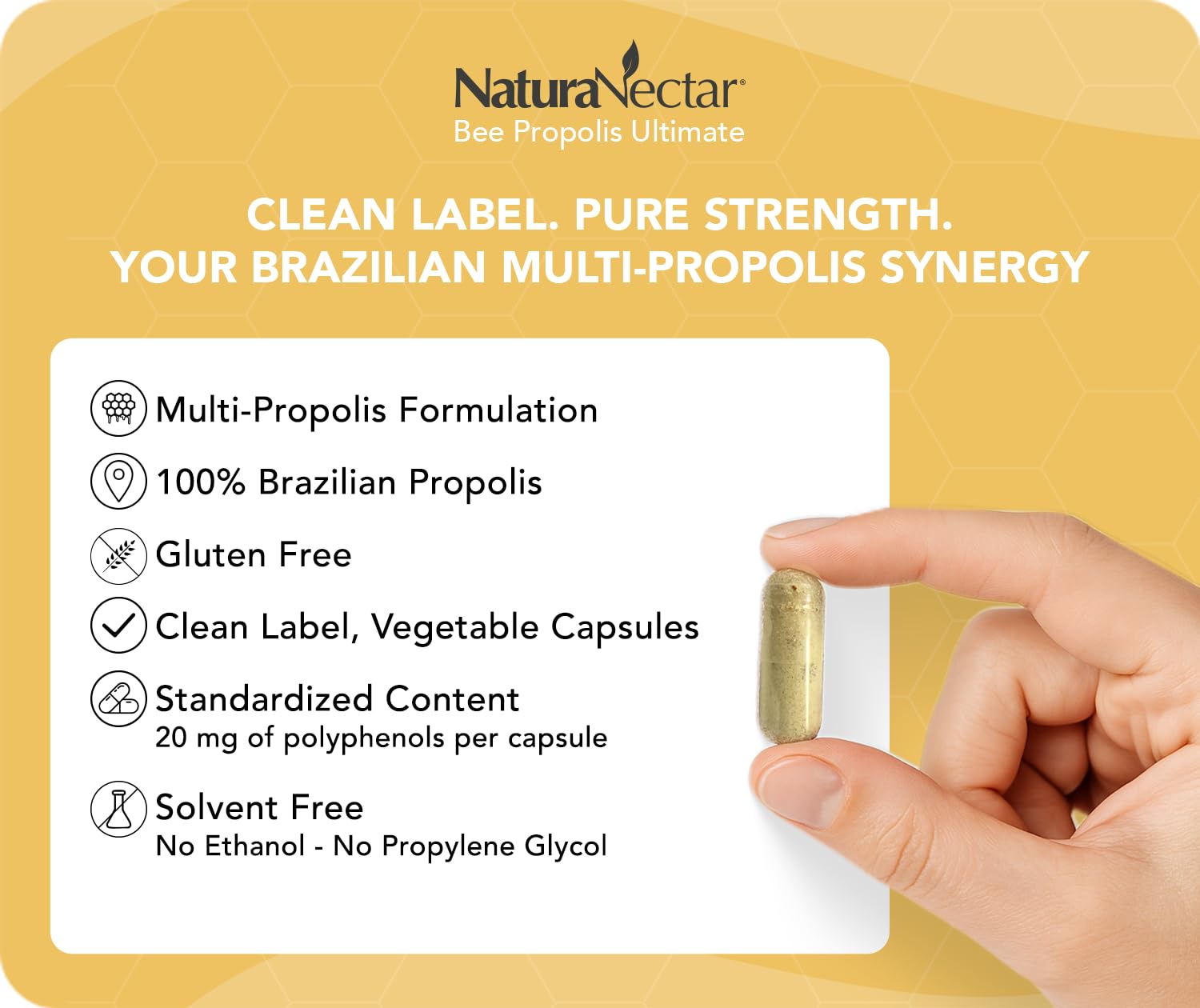 NaturaNectar - Ultimate Bee Propolis Capsules - NSF Contents Certified -Brazilian Red, Brown, & Green - Gluten-Free Supplement with Flavonoids - Naturally Sourced Through Ethical Beekeeping (60pcs.) NaturaNectar Au supplements