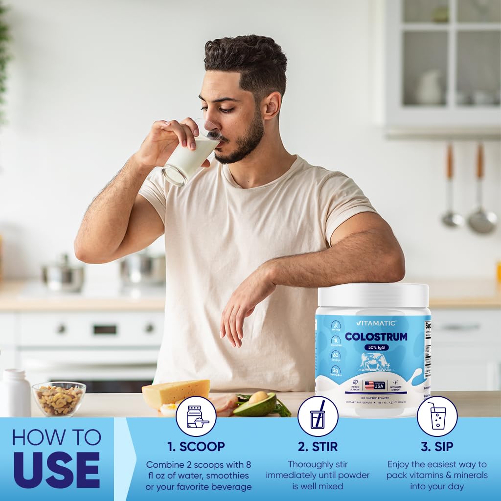 Vitamatic Bovine Colostrum Powder - 50% Highest IgG -120 Gram - Supplement for Gut Health, Hair Growth, Beauty, Muscle Recovery, & Immune Support - Easy to Mix - Unflavored - 60 Servings Vitamatic Au supplements