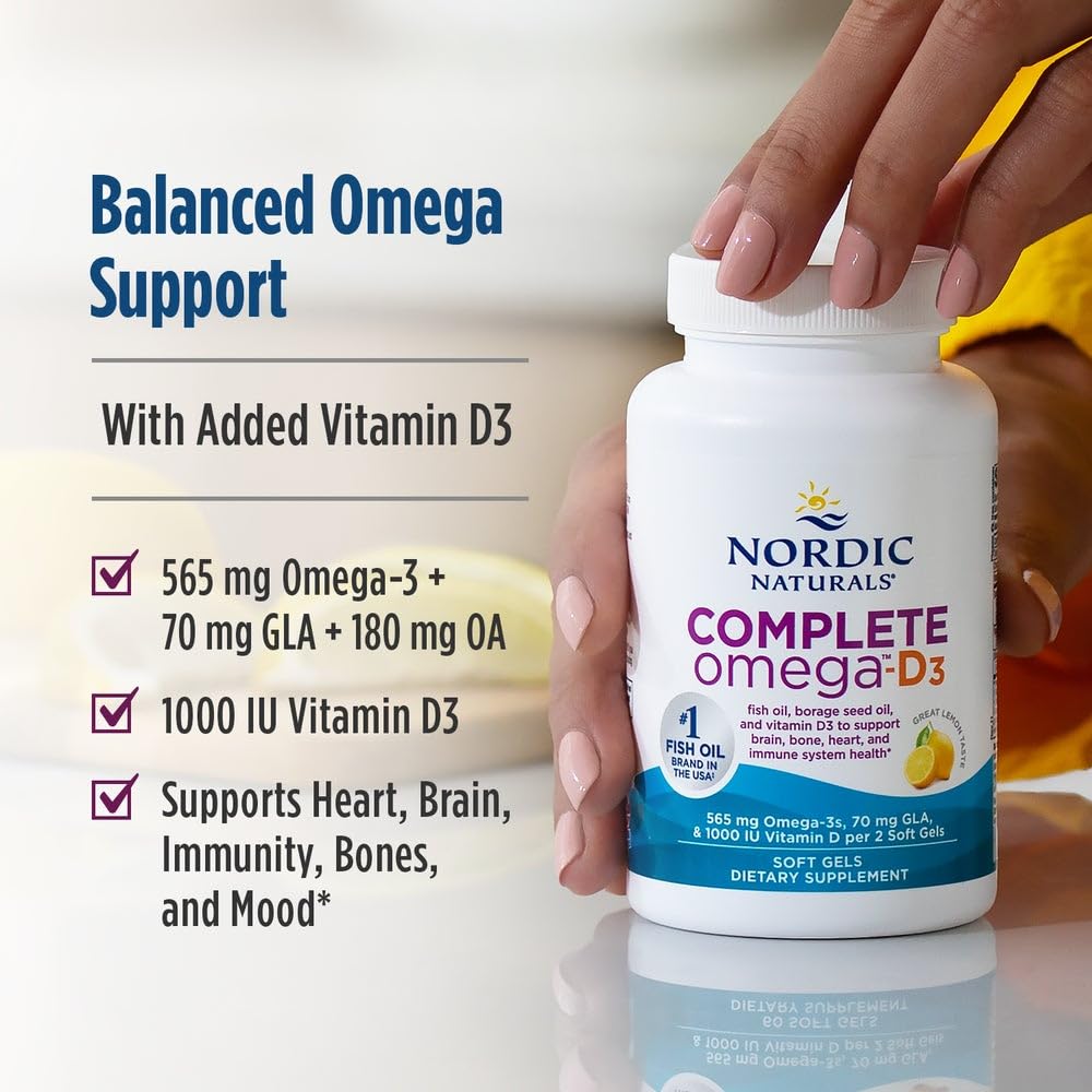 Nordic Naturals Complete Omega-D3, Lemon Flavor - 120 Soft Gels - 565 mg Omega-3 + 70 mg GLA + 1000 IU Vitamin D3 - EPA & DHA - Healthy Skin, Cognition, Positive Mood - Non-GMO - 60 Servings Nordic Naturals Au supplements