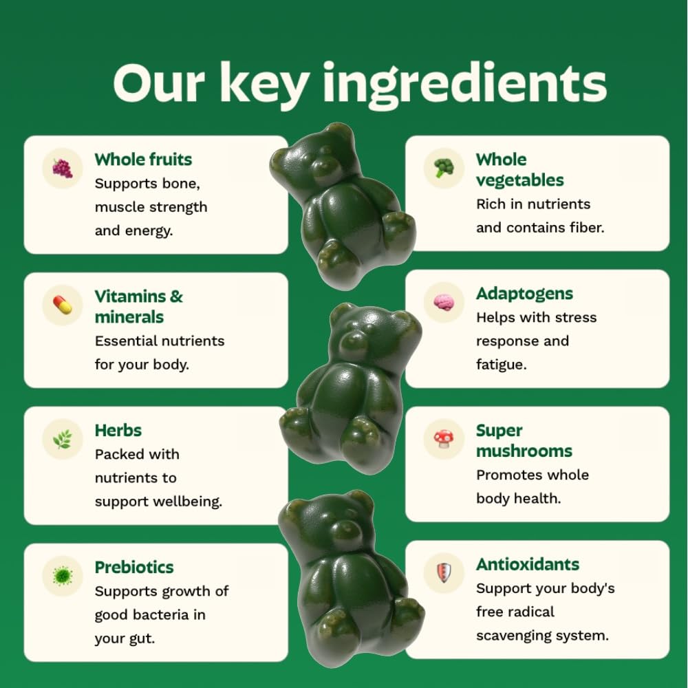 Gruns Adults Super Greens Gummies, Multivitamin Superfood Gummy Bears, Spirulina, Chlorella, Prebiotics & Fiber Gummies for Digestive Health, Adaptogens Supplement, 20 Vitamins & Minerals, 10 Count Grüns Au supplements