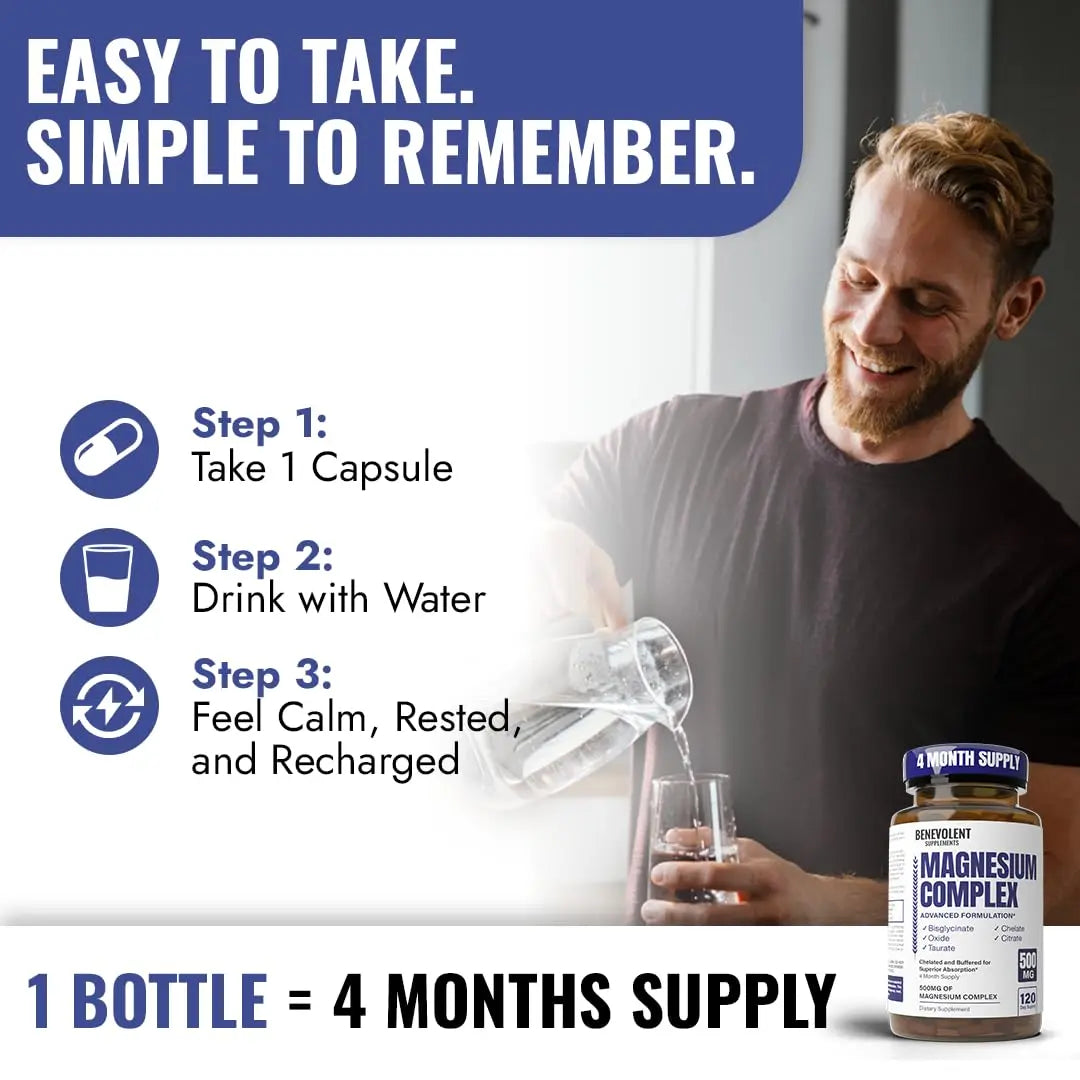 Magnesium Complex Supplement, 4 Month Supply of 500mg 5-in-1 Bisglycinate, Oxide, Taurate, Aspartate, Citrate, Max Absorption Magnesium Supplement for Calm, Sleep & Leg Cramps, 120 Capsule Benevolent Nourishment Au supplements
