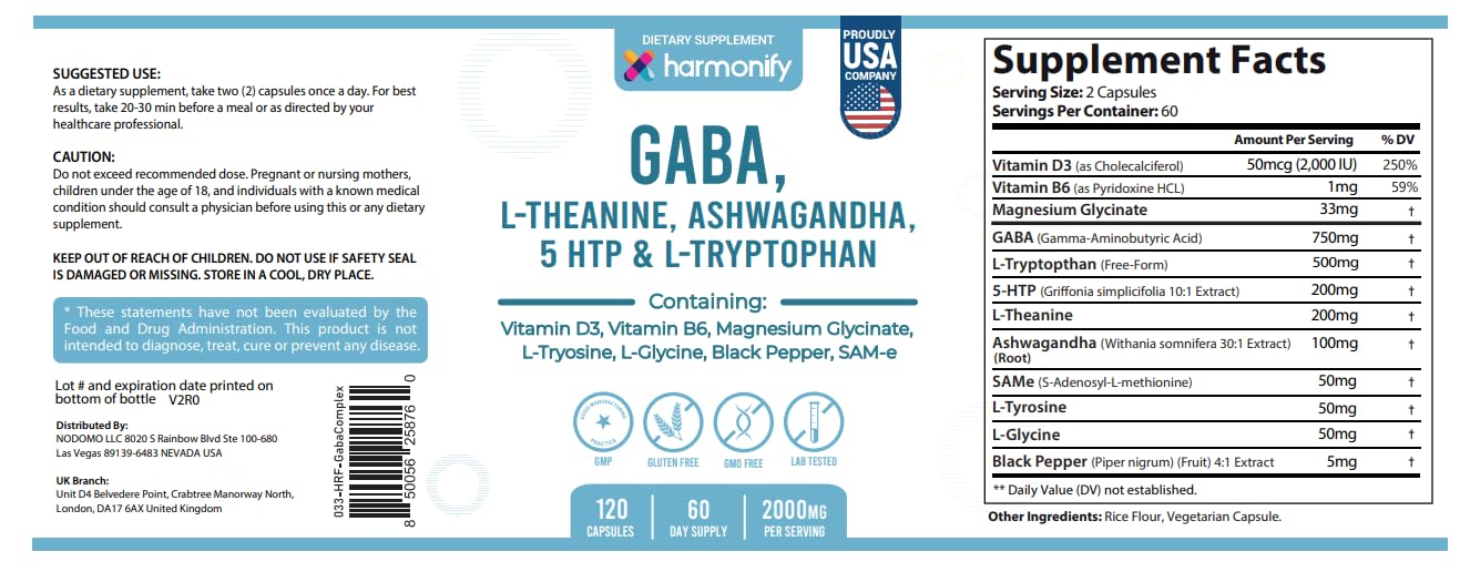 HARMONIFY GABA L-Theanine Supplements with Magnesium Glycinate, Ashwagandha, Same, 5-HTP and L-Tryptophan, 12 in 1 Supplements, 120 Capsules, 2000 mg HARMONIFY Au supplements