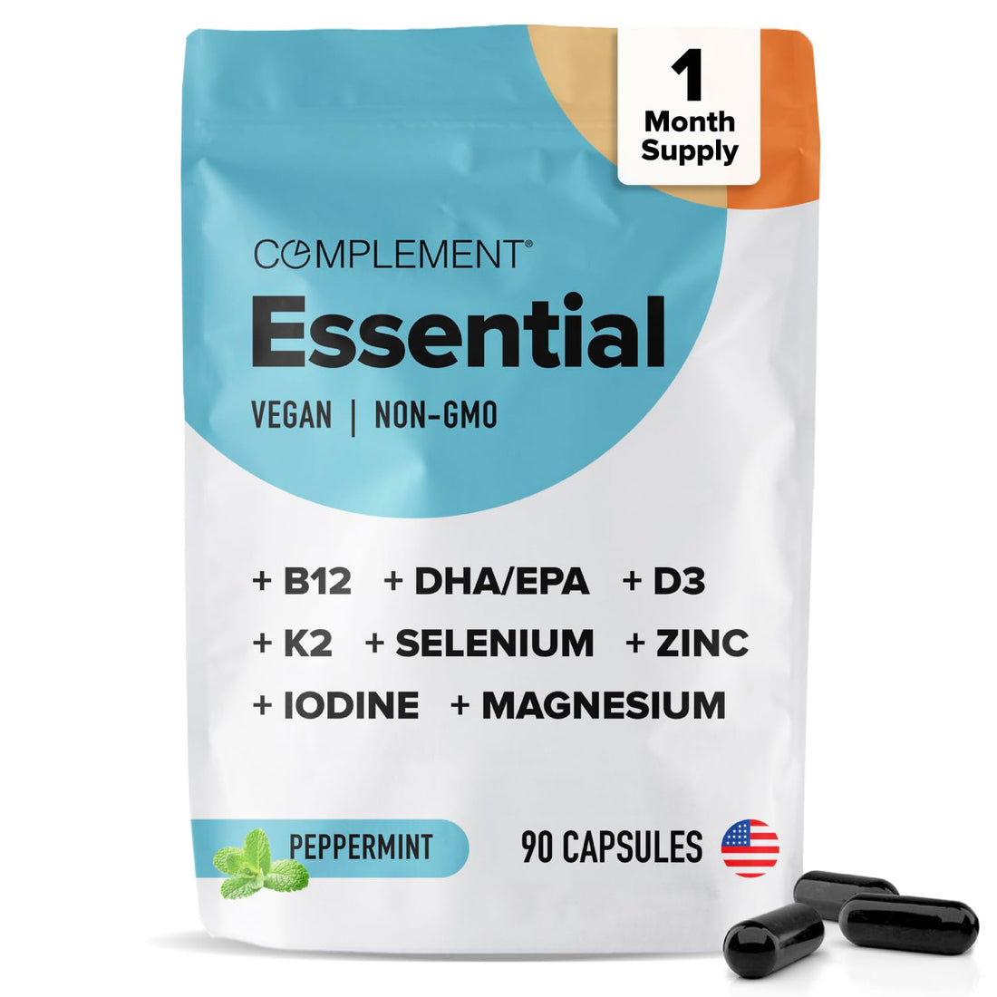 Complement Essential Vegan Multivitamin for Men & Women (30 Servings, 90 Capsules) with Omega-3 DHA & EPA, B12, Vitamin D3 & K2, Zinc, Selenium, Magnesium, Iodine - Supports Immunity & Overall Health Complement Au supplements