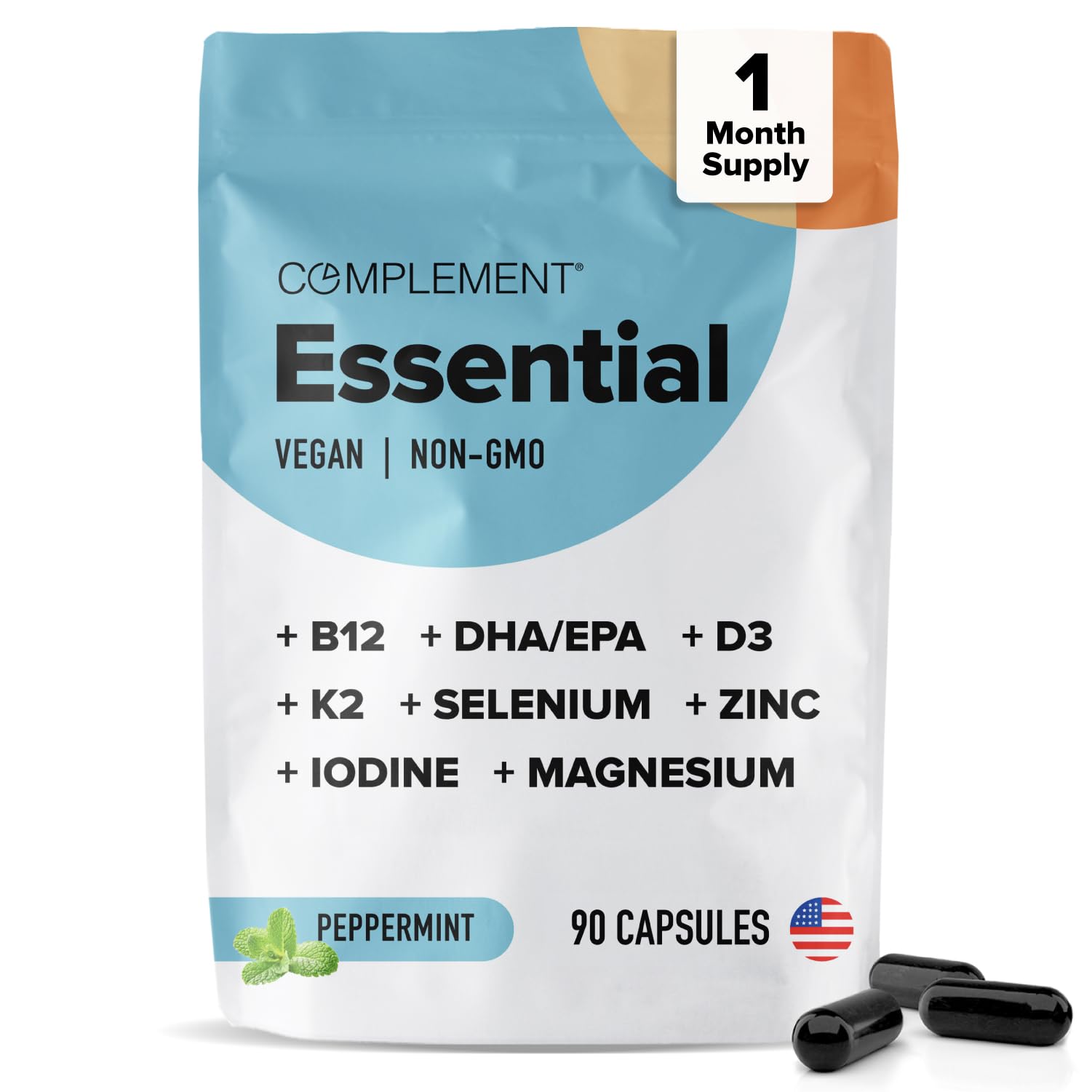 Complement Essential Vegan Multivitamin for Men & Women (30 Servings, 90 Capsules) with Omega-3 DHA & EPA, B12, Vitamin D3 & K2, Zinc, Selenium, Magnesium, Iodine - Supports Immunity & Overall Health Complement Au supplements
