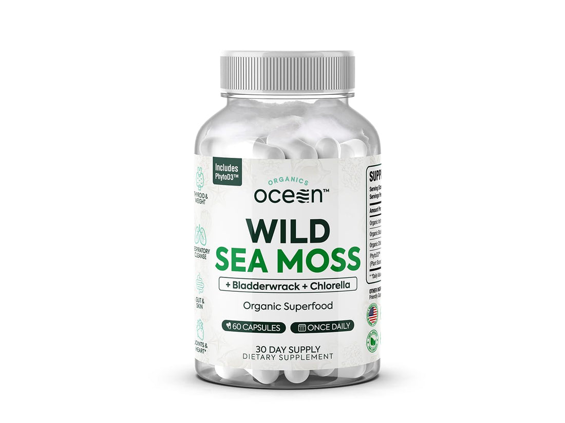 Organics Ocean Wild Sea Moss Capsules - 100% Organic Irish Sea Moss with Organic Chlorella, Bladderwrack and Vitamin D for Energy, Lung Health and Thyroid Support for Women and Men - 60 Capsules Organics Ocean Au supplements