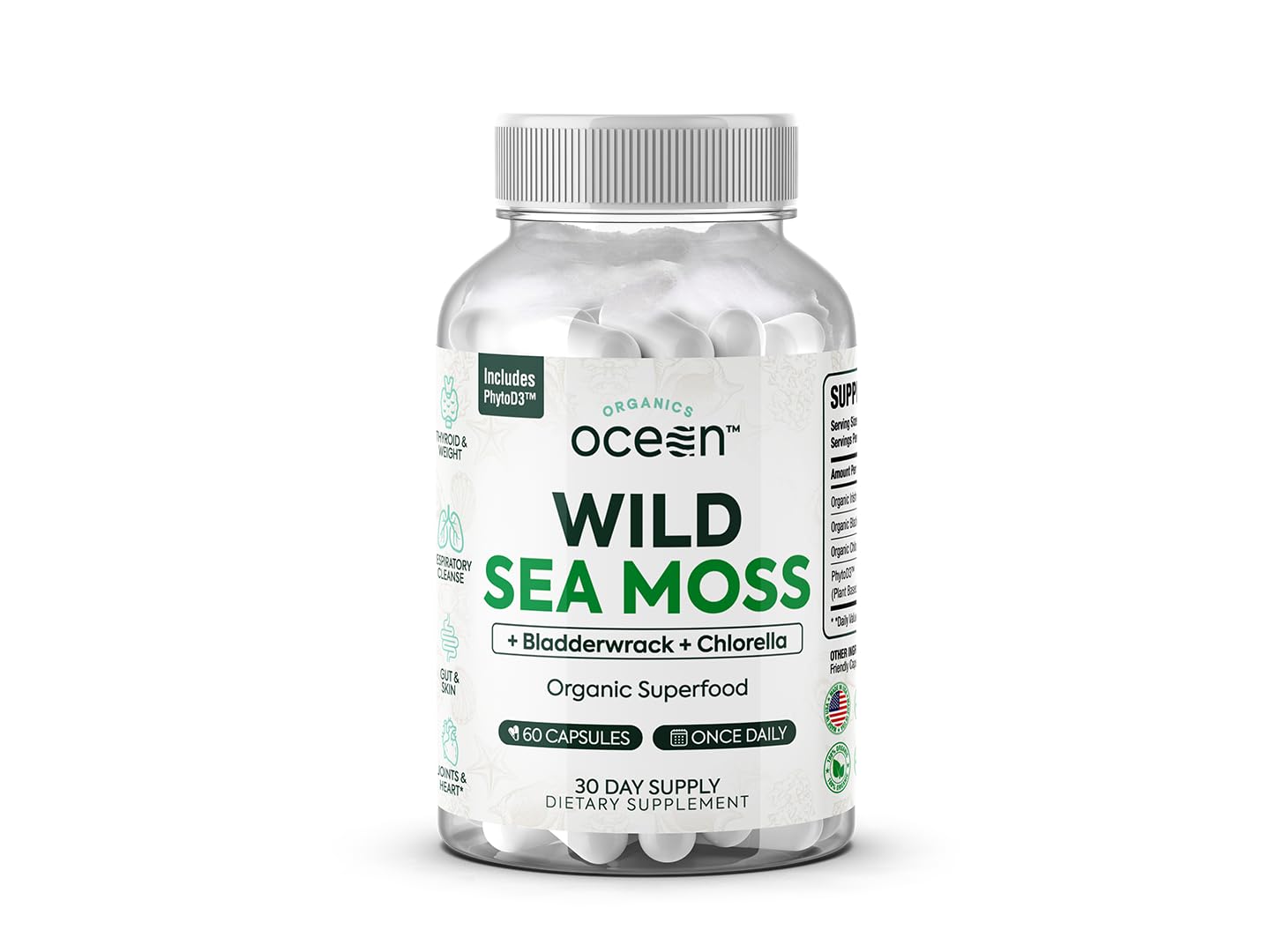 Organics Ocean Wild Sea Moss Capsules - 100% Organic Irish Sea Moss with Organic Chlorella, Bladderwrack and Vitamin D for Energy, Lung Health and Thyroid Support for Women and Men - 60 Capsules Organics Ocean Au supplements