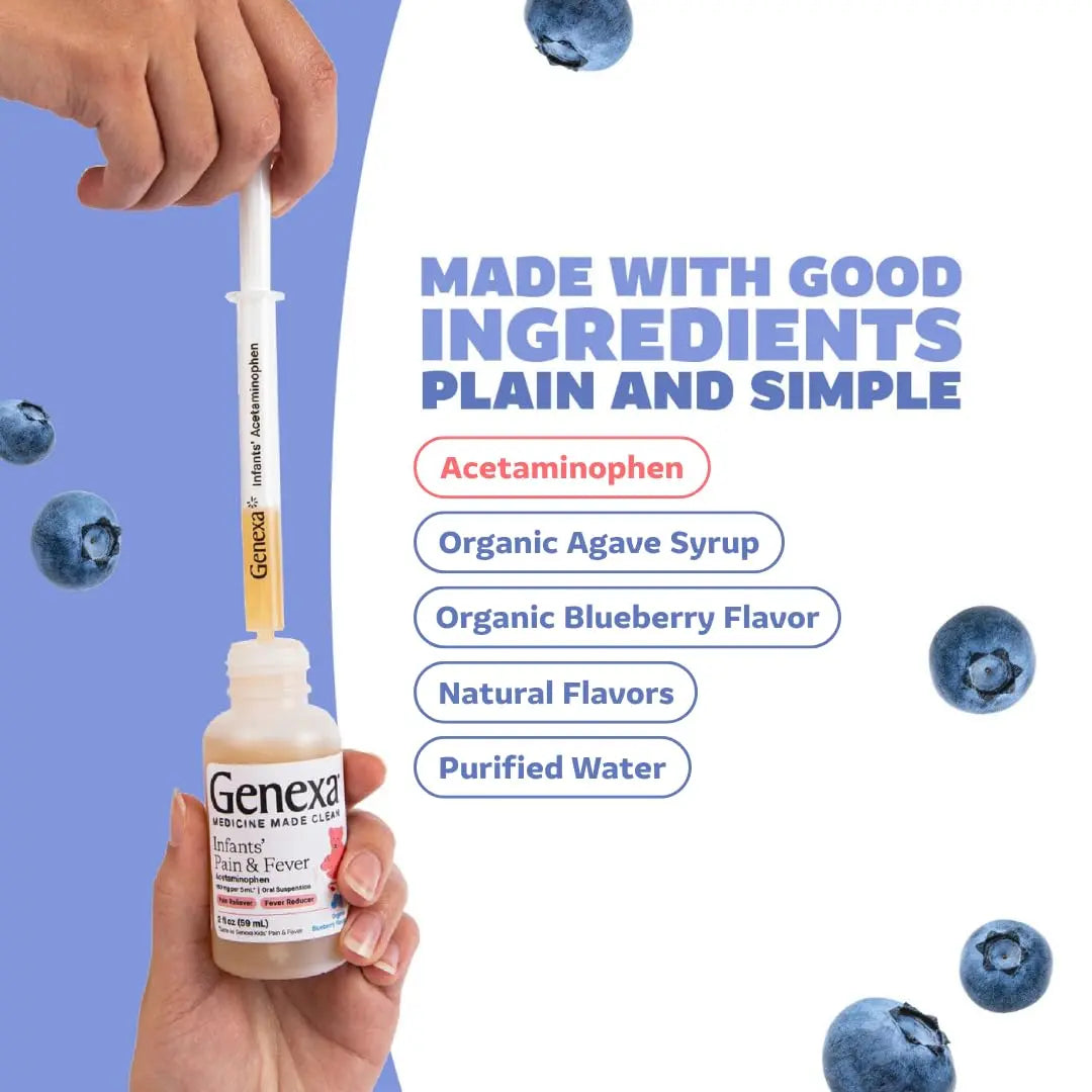 Genexa Infants' Clean Acetaminophen | Pediatrician Preferred Ingredients | Pain Reliever & Fever Reducer for Babies | Dye Free, 0% Artificial Additives | Delicious Organic Blueberry Flavor, 2 fl oz Genexa Au supplements