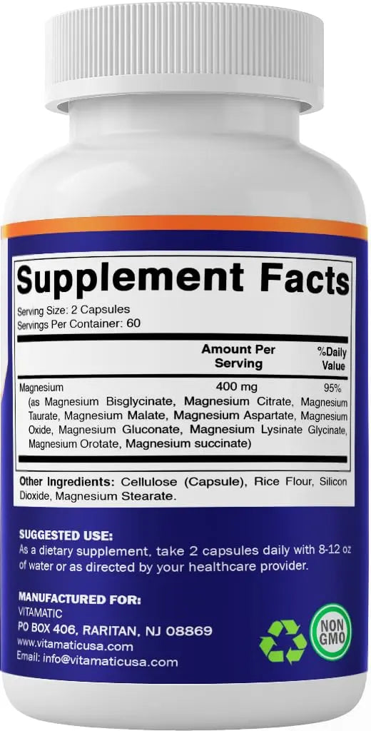 Vitamatic Magnesium Complex, 400mg Elemental MG (as Bisglycinate, Citrate, Taurate, Malate, Aspartate, Oxide, Gluconate, Lysinate Glycinate, Orotate, Succinate) - 120 Capsules per Pack - 2 Pack Vitamatic Au supplements