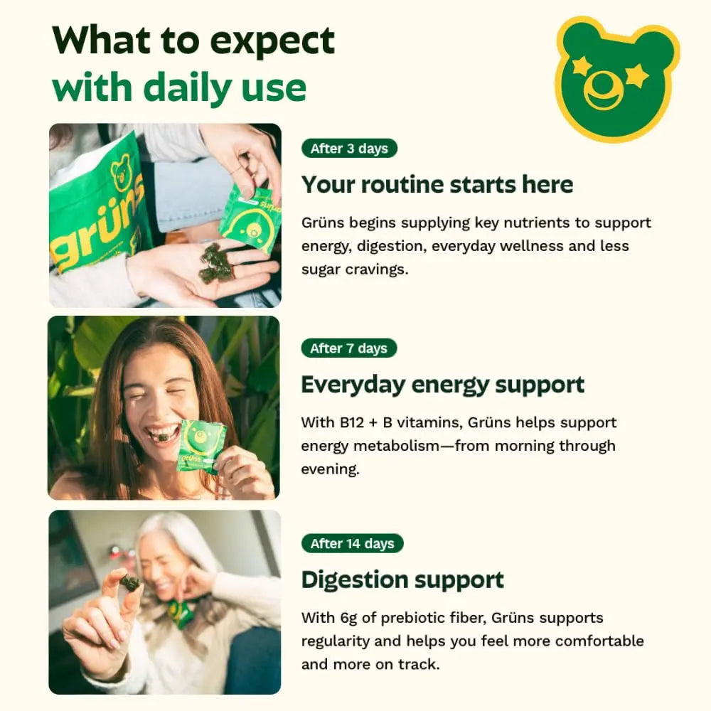 Gruns Adults Super Greens Gummies, Multivitamin Superfood Gummy Bears, Spirulina, Chlorella, Prebiotics & Fiber Gummies for Digestive Health Grüns Au supplements