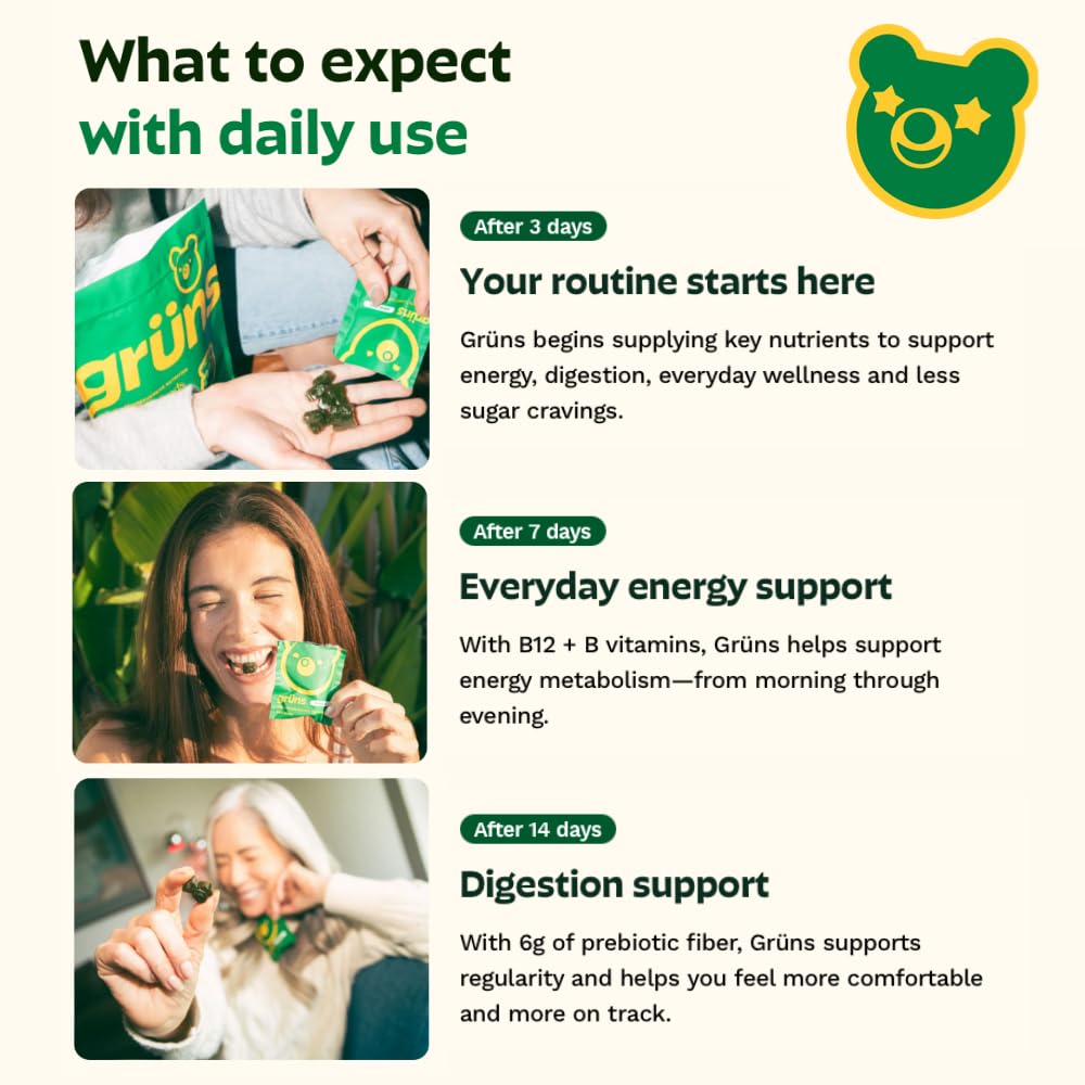 Gruns Adult Super Greens Multivitamin Gummies, Superfood Gummy Vitamins for Women and Men with Spirulina, Chlorella, Adaptogens & Prebiotic Fiber for Digestive Health (28 Count) Grüns Au supplements