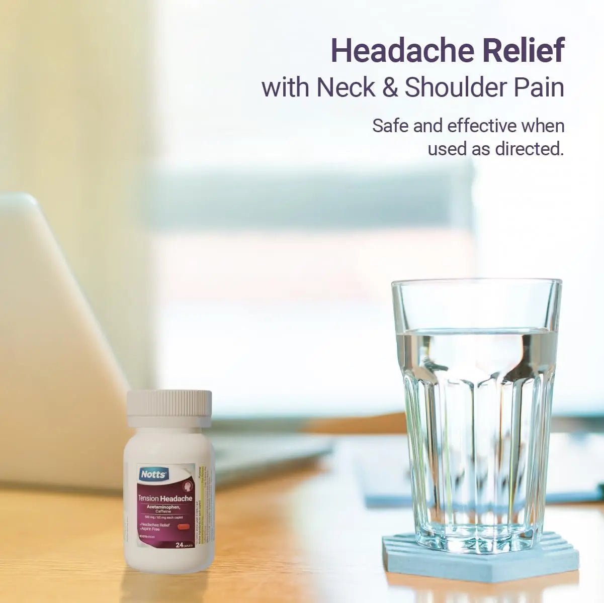 NOTTS Tension Headache Relief Without Aspirin for Head, Neck & Shoulder Pain - 100 Count, Acetaminophen 500 mg Caffeine 65 mg Caplets, for Aches Caused by Tension and Stress. Headache Relief caplets NOTTS Au supplements