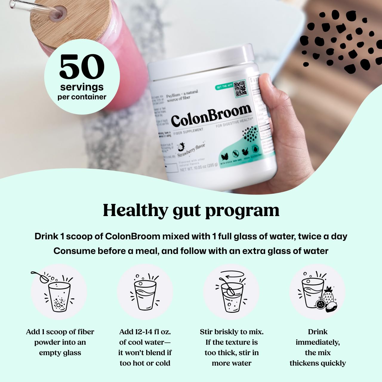 ColonBroom Psyllium Husk Powder - Colon Cleanse for Bloating Relief & Gut Health - Fiber Powder Drink - Easy to Mix - Vegan, Gluten Free, Non-GMO - Strawberry (50 Servings) ColonBroom Au supplements