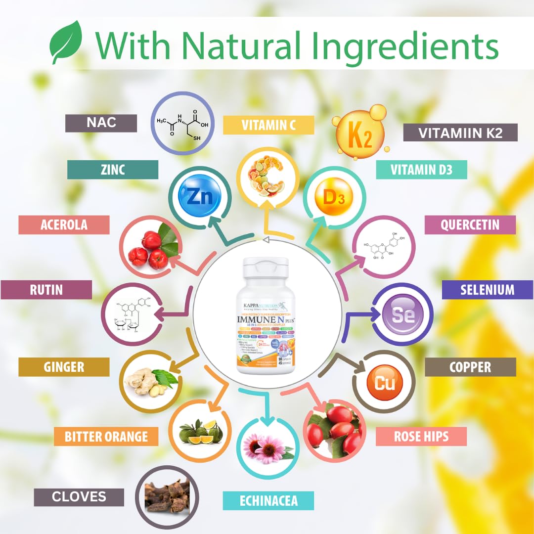 (60 Capsules), NAC 600mg, Quercetin 1,000mg, Vitamin C 500mg, Zinc 50mg, Vitamin D3 5,000iu, Selenium, Copper, Acerola, Ginger, Rutin, Citrus Bioflavonoids, Rose Hips, Echinacea, Immune N Plus 15 in 1 KAPPA NUTRITION Au supplements