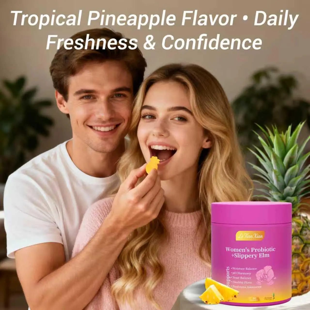 Le Tian Xian Her Juicy Feminine Probiotics Gummies for Women with Slippery Elm, Prebiotics & Lactobacillus - for pH Balance & Digestive Health, Tropical Pineapple Flavor, 60 Count Le Tian Xian Au supplements