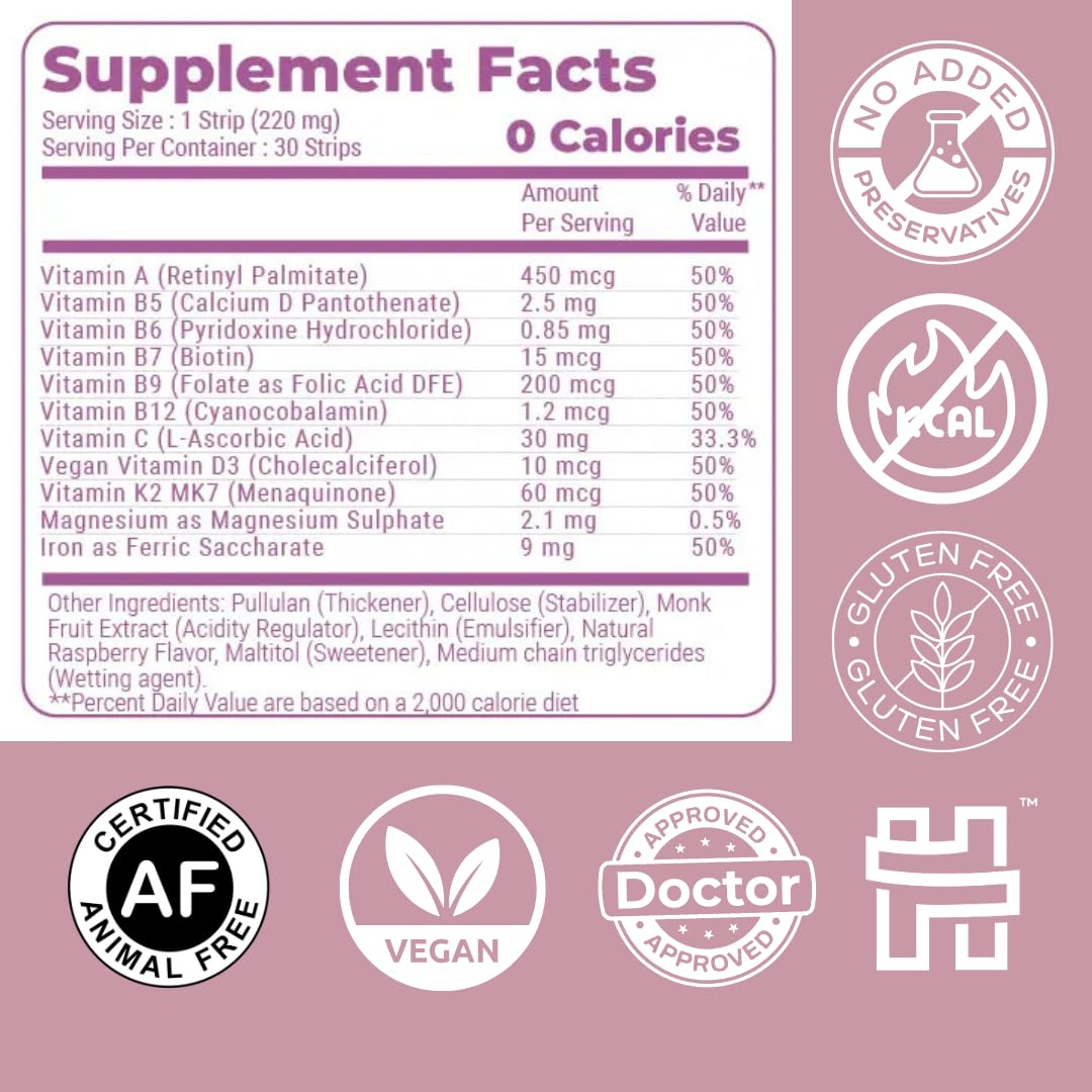 NutriHugs Daily Multivitamin Dissolving Strips - Vitamins A, B-Complex, C, D3 and K2 - 11 Essential Vitamins & Minerals - Vegan, Sugar-Free, Fast-Absorbing Oral Thin Film - Doctor-Founded - 30 Count MedHugs Au supplements