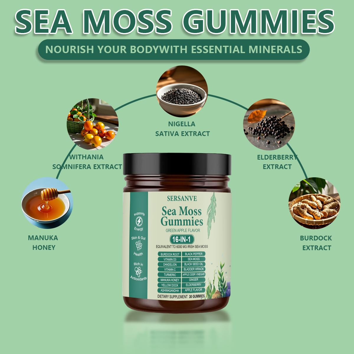 Sea Moss Gummies 16-in-1, with Black Seed Oil, Ashwagandha & Elderberry | Organic Irish Sea Moss Supplement for Men & Women | Daily Support with Manuka, Burdock Root & Vitamins C & D3, 30 Gummies SERSANVE Au supplements