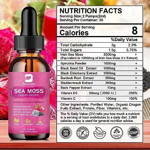 3000mg Sea Moss Liquid Drops - Black Seed Oil & Irish Sea Moss Gel B BEWORTHS Au supplements