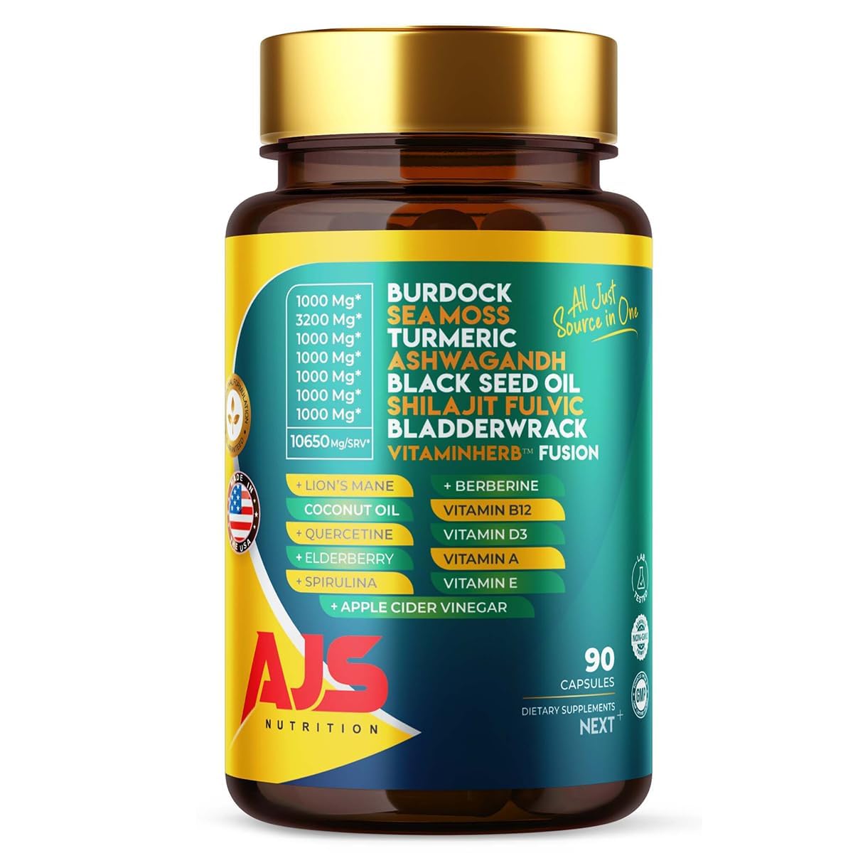 AJS Sea Moss Capsules 3200mg, Himalayan Shilajit 1000mg with Black Seed Oil, Ashwagandha, Turmeric, Bladderwrack, Burdock, Vitamins, Berberine, Lion’s Mane Mushroom, Elderberry- 90 Caps AJS Nutrition Au supplements