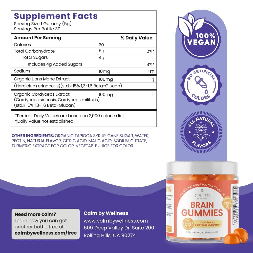 Calm by Wellness Lion’s Mane Gummies for Adults – Vegan Mushroom Gummies with Lion’s Mane & Cordyceps for Brain Support, Memory & Focus, Immune Boost – Citrus Flavor, 30 Count Calm by Wellness Au supplements