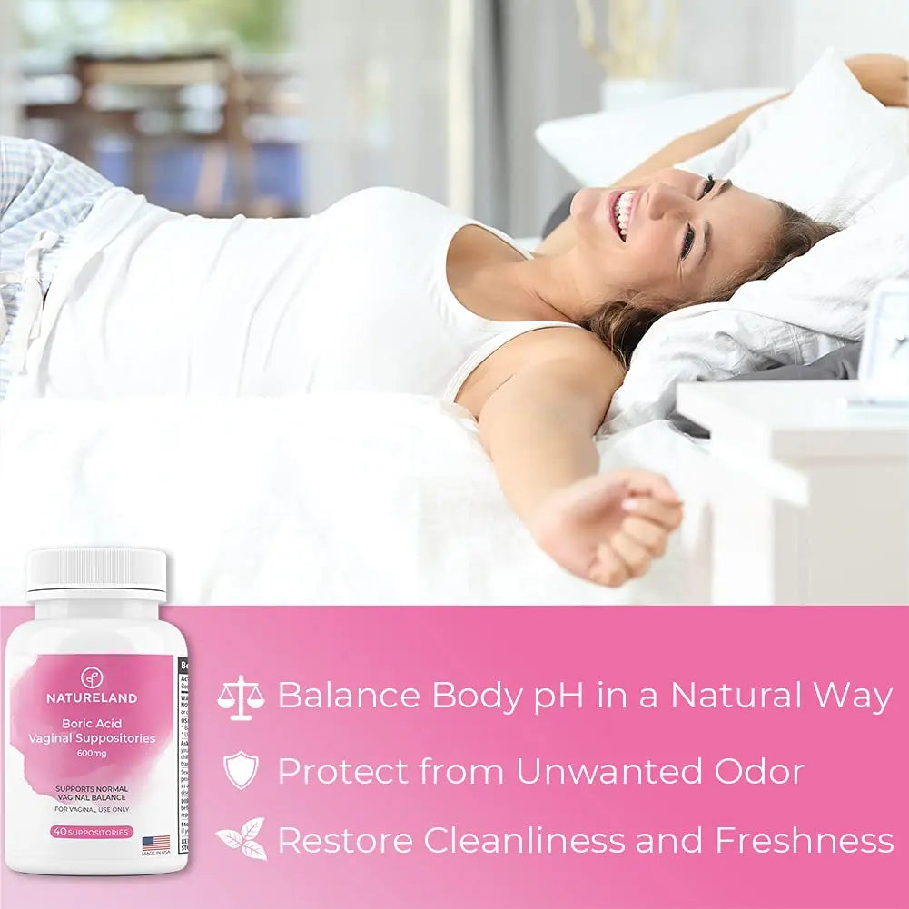 Natureland Boric Acid Suppositories for Women - 600mg, 40 Count - Made in USA - Feminine Care for pH Balance & Odor Control - Unscented Intimate Health Support Natureland Au supplements