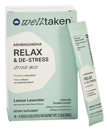 WellTaken Ashwagandha Relax & De-Stress Powder - Lemon Lavender 14ct Box - 600mg Ashwagandha, 200mg L-Theanine, Holy Basil – Supports Stress, Relaxation – Vegan, No Added Sugar - 14 Servings WellTaken Au supplements