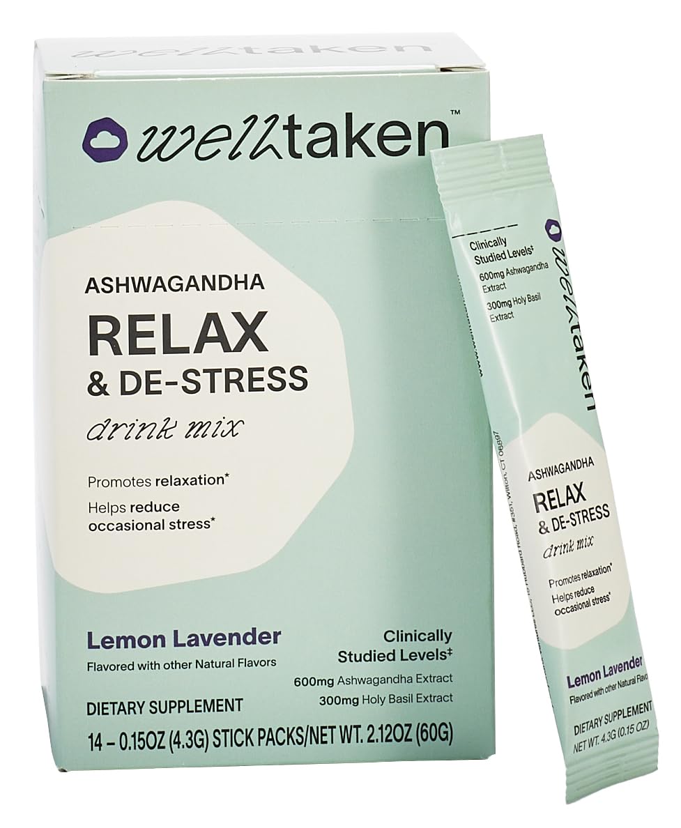 WellTaken Ashwagandha Relax & De-Stress Powder - Lemon Lavender 14ct Box - 600mg Ashwagandha, 200mg L-Theanine, Holy Basil – Supports Stress, Relaxation – Vegan, No Added Sugar - 14 Servings WellTaken Au supplements