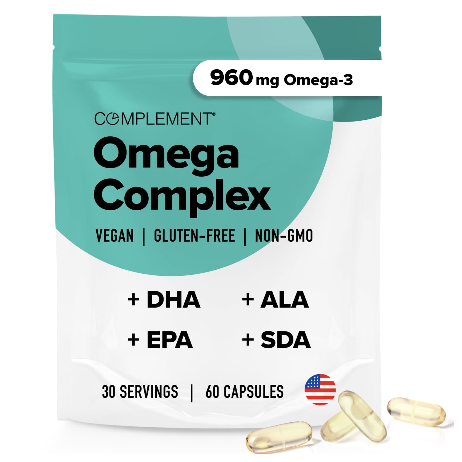 Vegan Omega 3 Supplement- 960mg Omega-3 Fatty Acids, DHA, EPA, SDA, ALA Supplement - Immune Support- 30 Servings, 60 Liquid Capsules Complement Au supplements