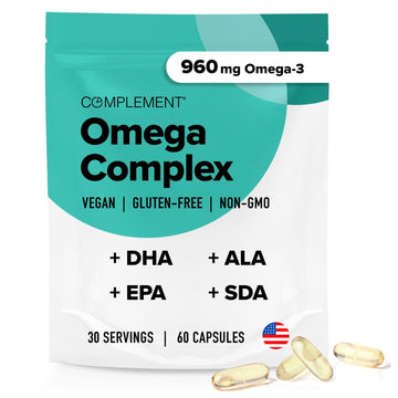 Vegan Omega 3 Supplement- 960mg Omega-3 Fatty Acids, DHA, EPA, SDA, ALA Supplement - Immune Support- 30 Servings, 60 Liquid Capsules Complement Au supplements